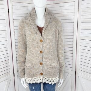 Gimmicks by BKE Eyelash Yarn Lace Trim Cardigan Sweater‎ Tan Multi Small